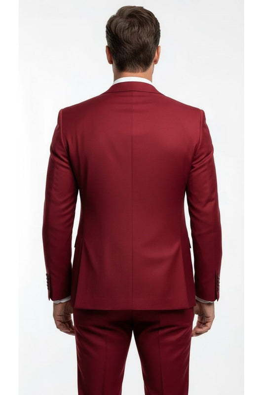 Erkek 3 Parça Slim Fit Takım Elbise –Klasik Likralı Kumaş, Tek Düğme, Çift Yırtmaçlı Modern Kesim ( - Bordo