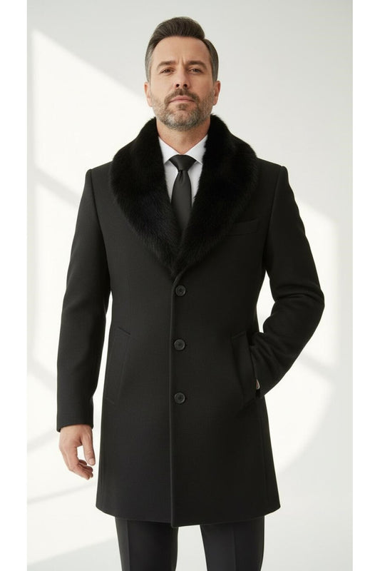 Erkek Uzun Kaşe Kaban – Çıkartılabilir Kürk Yaka, Astarlı ve Cepli Slim Fit Mont (Bej, - Siyah