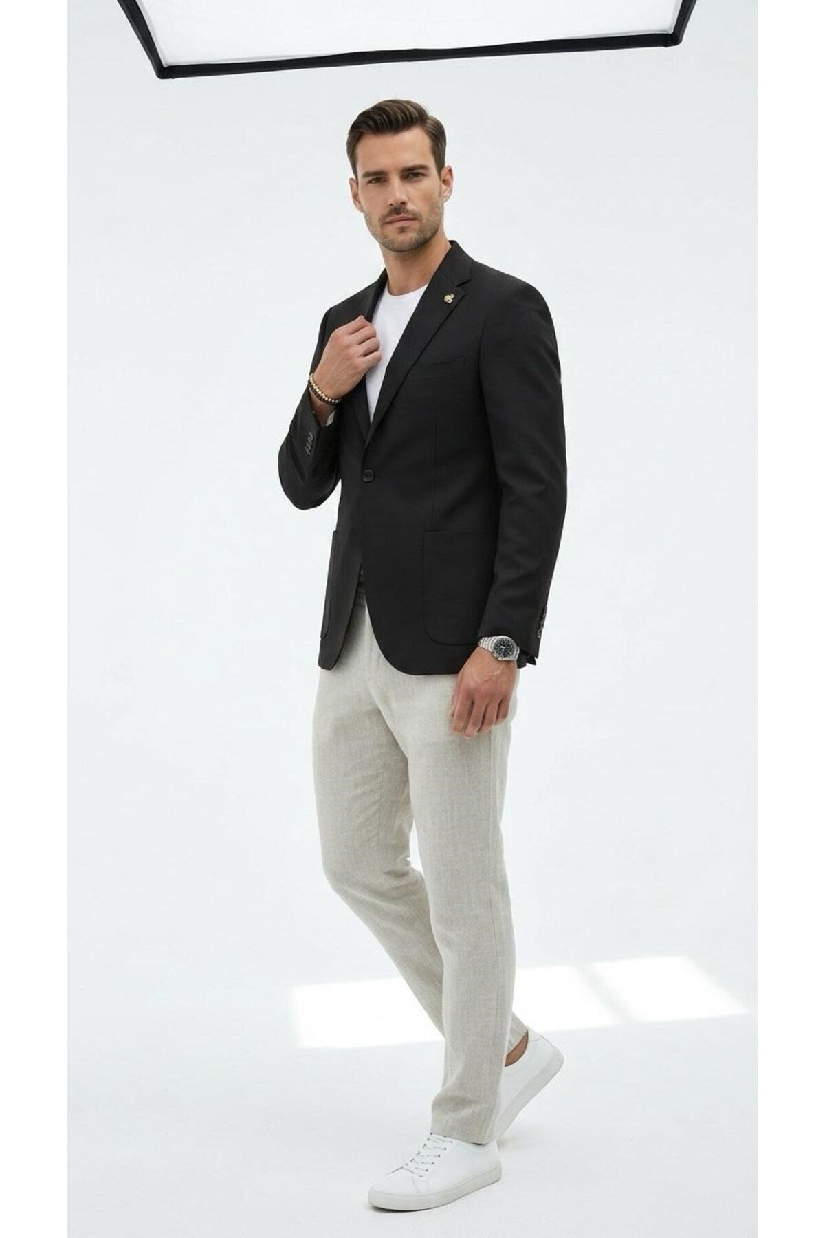 Erkek Slim Fit Blazer Ceket Tek Düğmeli Çift Yırtmaçlı Torba Cepli Yarım Astarlı - Siyah