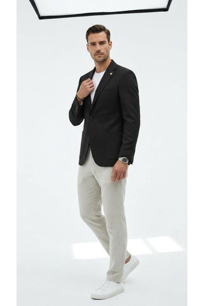 Erkek Slim Fit Blazer Ceket Tek Düğmeli Çift Yırtmaçlı Torba Cepli Yarım Astarlı - Siyah