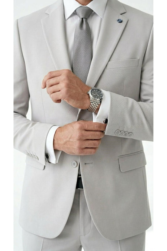 Erkek Klasik 2’li Takım Elbise 2 Düğmeli Slim Fit Esnek Kumaş Çift Yırtmaçlı 7 Drop - Gri
