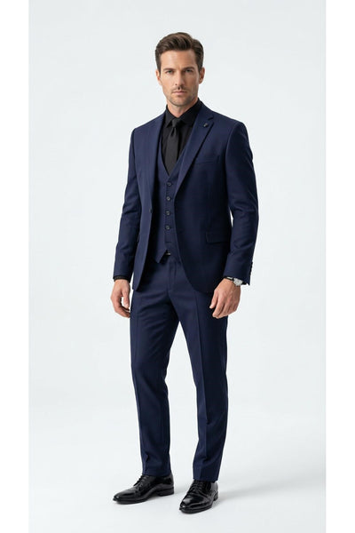Erkek Klasik Slim Fit Armürlü Kumaş Tek Düğmeli Çift Yırtmaçlı Klasik Yaka Takım Elbise 7 Drop - Lacivert