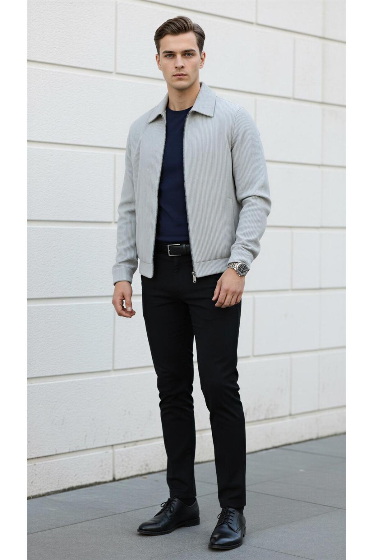 Slim Fit Fitilli Dokulu Erkek Fermuarlı Mont Ceket Günlük Şık Kombin - Gri