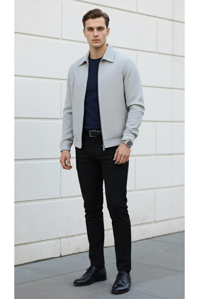 Slim Fit Fitilli Dokulu Erkek Fermuarlı Mont Ceket Günlük Şık Kombin - Gri