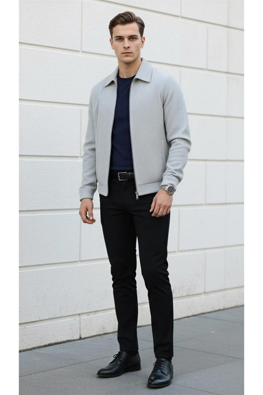 Slim Fit Fitilli Dokulu Erkek Fermuarlı Mont Ceket Günlük Şık Kombin - Gri