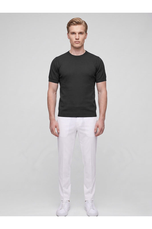 Erkek Bisiklet Yaka Kısa Kollu Triko Tişört – Slim Fit Modern Kesim Yazlık T-Shirt - Siyah