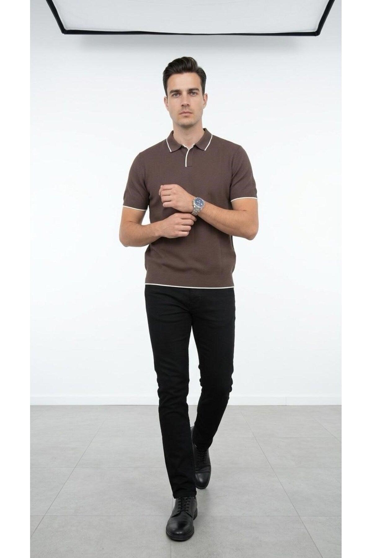 Erkek Pike Dokulu Triko Polo Yaka Tişört Slim Fit Şerit Detaylı Yazlık Model - Kahverengi