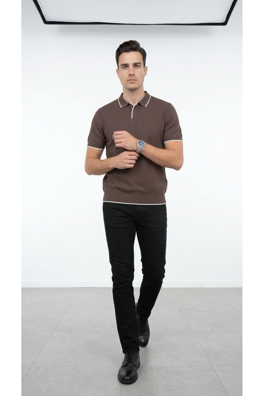 Erkek Pike Dokulu Triko Polo Yaka Tişört Slim Fit Şerit Detaylı Yazlık Model - Kahverengi