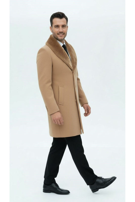 Erkek Uzun Kaşe Kaban – Çıkartılabilir Kürk Yaka, Astarlı ve Cepli Slim Fit Mont (Bej, - Bej