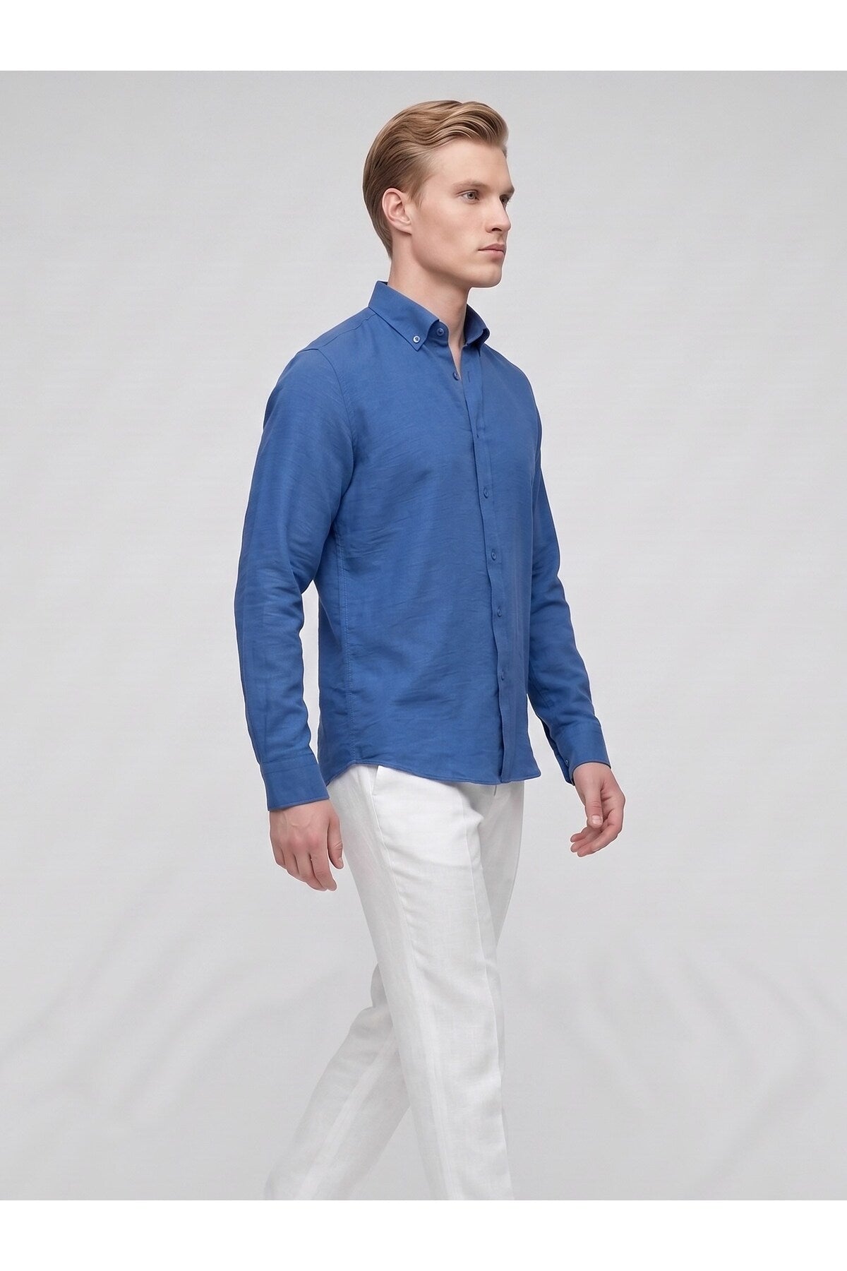 Erkek Keten Müslin Gömlek – Slim Fit Düğmeli Yaka Uzun Kollu Yazlık Gömlek - Mavi