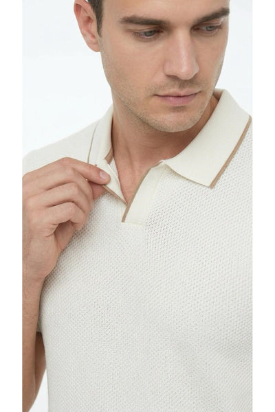 Erkek Pike Dokulu Triko Polo Yaka Tişört Slim Fit Şerit Detaylı Yazlık Model - Bej