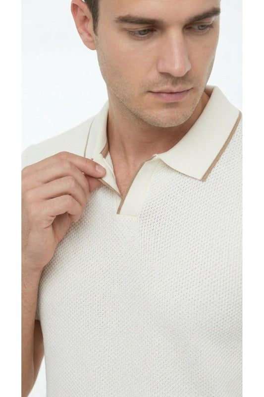 Erkek Pike Dokulu Triko Polo Yaka Tişört Slim Fit Şerit Detaylı Yazlık Model - Bej