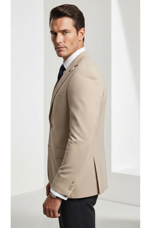 Erkek Slim Fit Çift Düğme Çift Yırtmaçlı Blazer Ceket – Premium Dokulu Kumaş - Bej