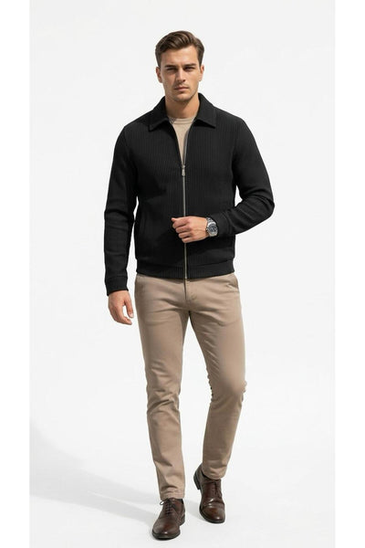 Slim Fit Fitilli Dokulu Erkek Fermuarlı Mont Ceket Günlük Şık Kombin - Siyah