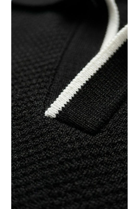 Erkek Pike Dokulu Triko Polo Yaka Tişört Slim Fit Şerit Detaylı Yazlık Model - Siyah
