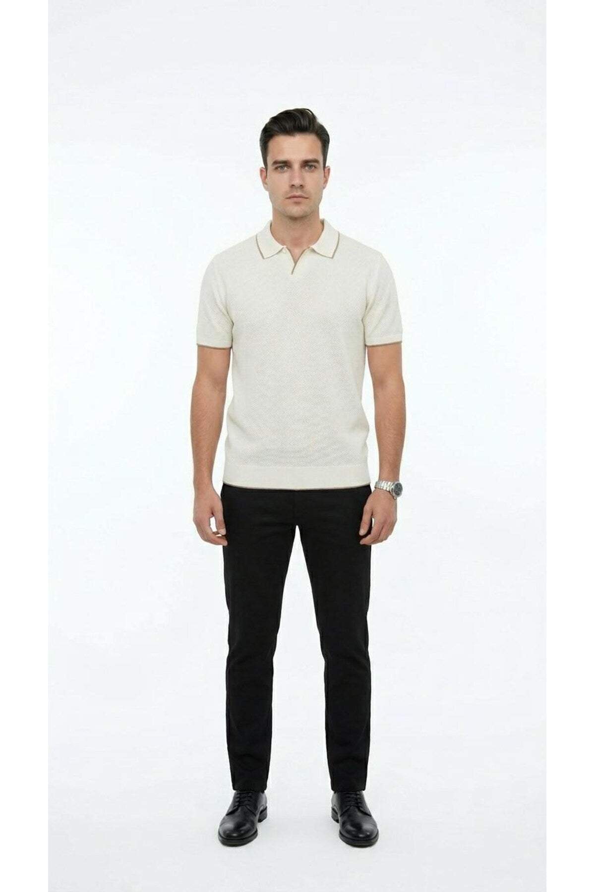Erkek Pike Dokulu Triko Polo Yaka Tişört Slim Fit Şerit Detaylı Yazlık Model - Bej