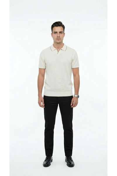 Erkek Pike Dokulu Triko Polo Yaka Tişört Slim Fit Şerit Detaylı Yazlık Model - Bej