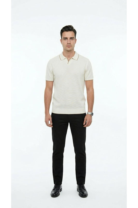 Erkek Pike Dokulu Triko Polo Yaka Tişört Slim Fit Şerit Detaylı Yazlık Model - Bej