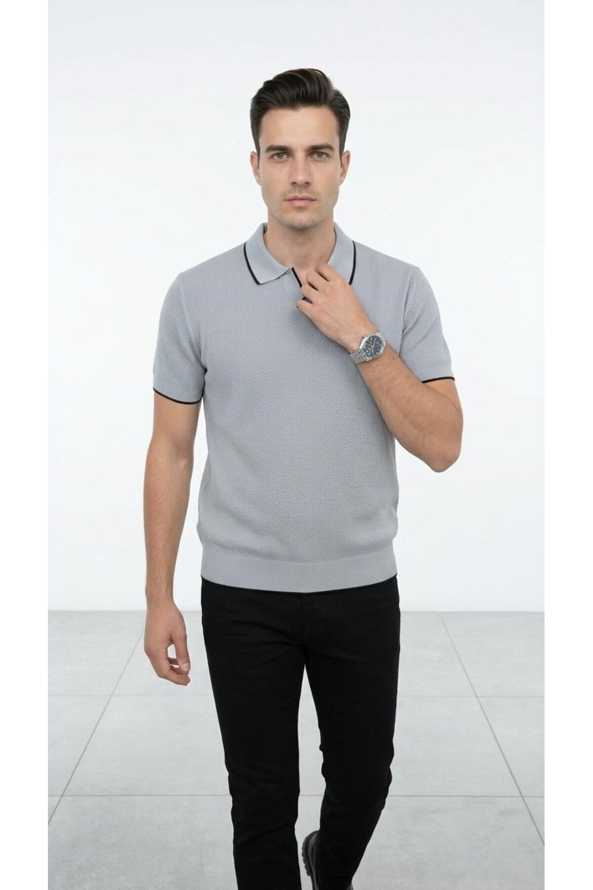 Erkek Pike Dokulu Triko Polo Yaka Tişört Slim Fit Şerit Detaylı Yazlık Model - Gri