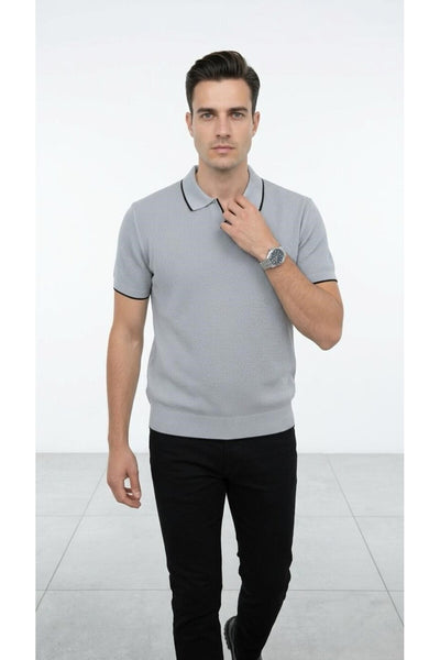 Erkek Pike Dokulu Triko Polo Yaka Tişört Slim Fit Şerit Detaylı Yazlık Model - Gri