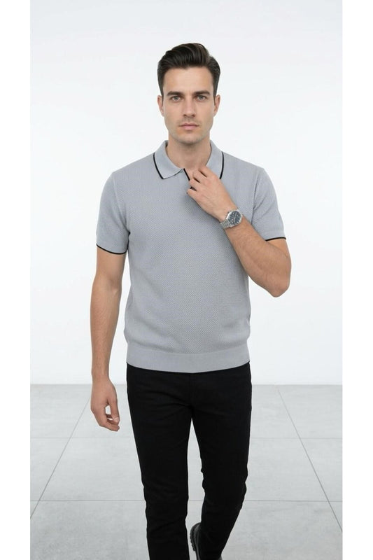 Erkek Pike Dokulu Triko Polo Yaka Tişört Slim Fit Şerit Detaylı Yazlık Model - Gri