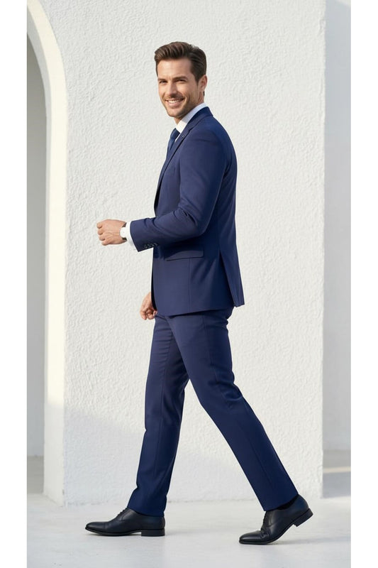 Erkek Klasik 2’li Takım Elbise 2 Düğmeli Slim Fit Esnek Kumaş Çift Yırtmaçlı 7 Drop - Lacivert
