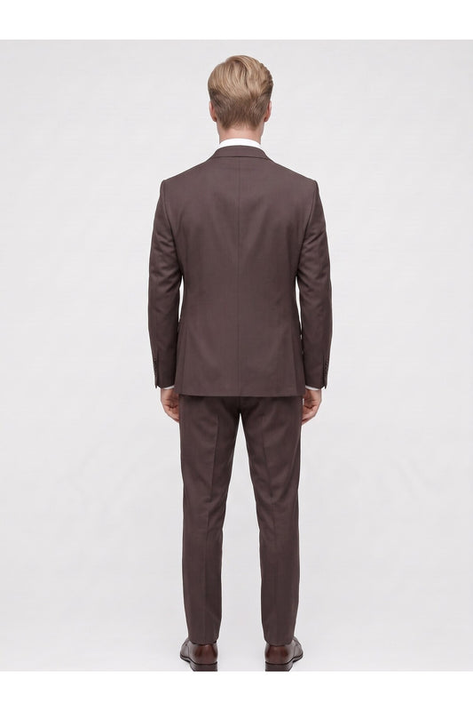 Erkek 3 Parça Slim Fit Çift Yırtmaçlı Takım Elbise Yelekli Şık Klasik Takım 6 Drop - Kahverengi