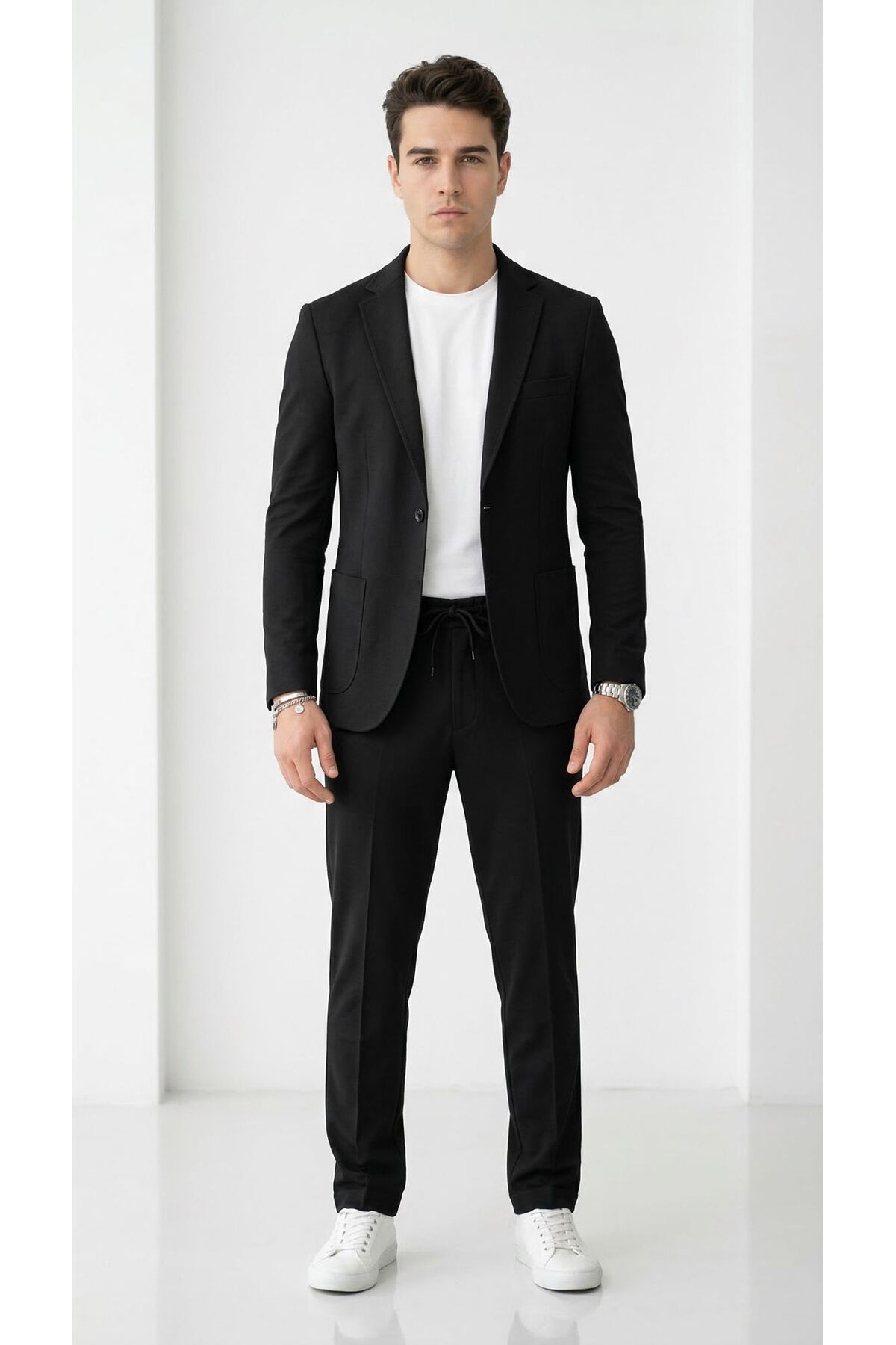 Pike Kumaş Jogger Pantolonlu Erkek Takım Elbise – Torba Cepli Tek Düğme Slim Fit Kombin - Siyah