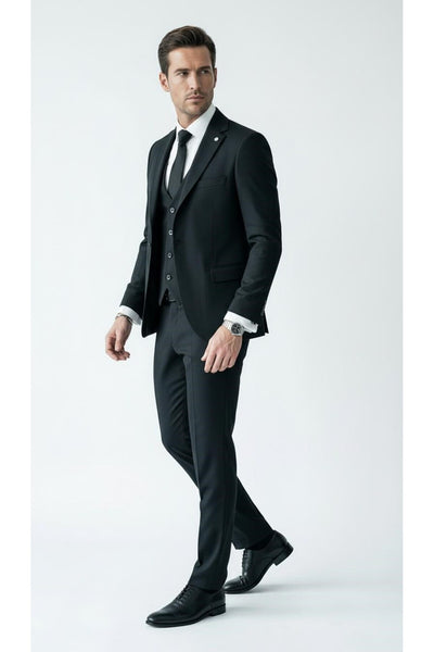 Erkek Klasik Slim Fit Armürlü Kumaş Tek Düğmeli Çift Yırtmaçlı Klasik Yaka Takım Elbise 7 Drop - Siyah