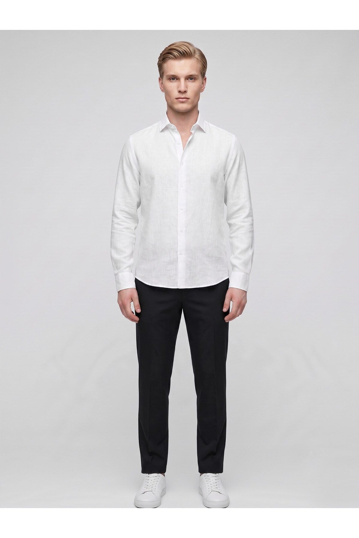 Erkek Keten Müslin Gömlek – Slim Fit Düğmeli Yaka Uzun Kollu Yazlık Gömlek - Beyaz