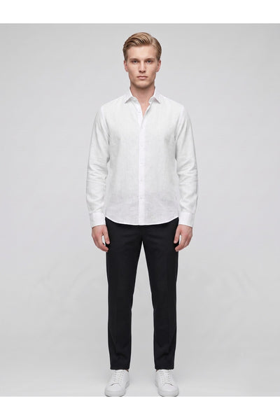 Erkek Keten Müslin Gömlek – Slim Fit Düğmeli Yaka Uzun Kollu Yazlık Gömlek - Beyaz