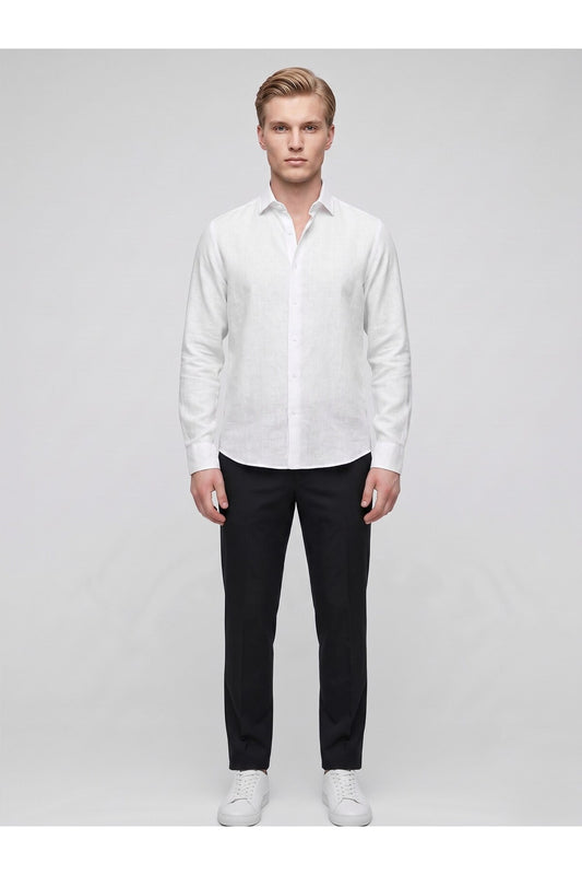 Erkek Keten Müslin Gömlek – Slim Fit Düğmeli Yaka Uzun Kollu Yazlık Gömlek - Beyaz