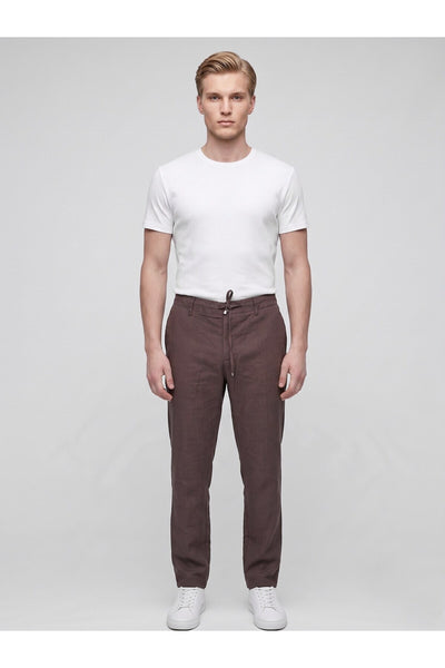 Erkek Keten Pantolon – Bağcıklı Bel, Slim Fit Rahat Kesim Yazlık Pantolon - Kahverengi