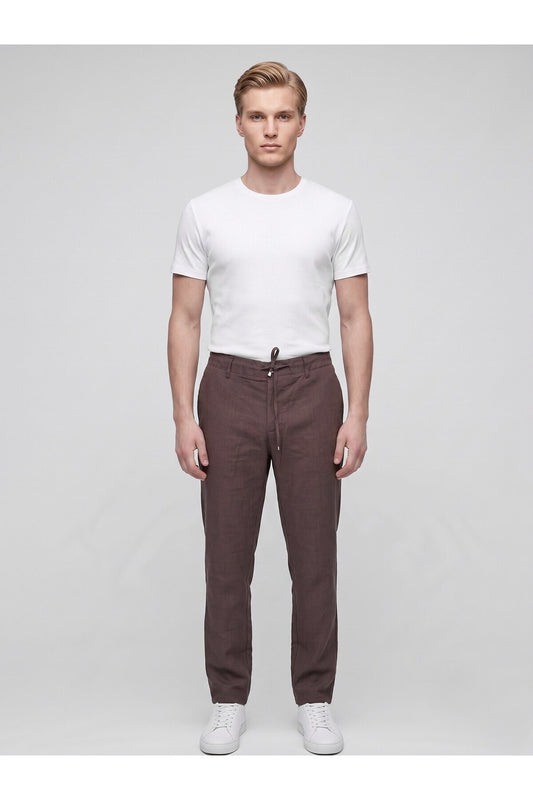 Erkek Keten Pantolon – Bağcıklı Bel, Slim Fit Rahat Kesim Yazlık Pantolon - Kahverengi