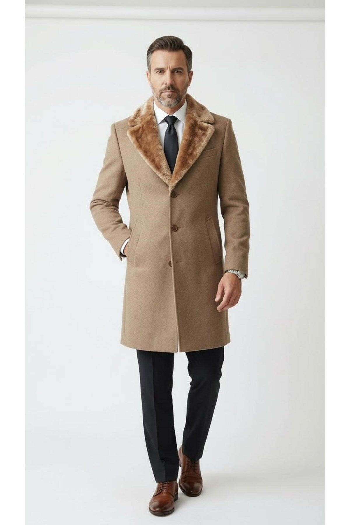 Erkek Uzun Kaşe Kaban Palto Mont– Çıkartılabilir Kürk Yaka, Astarlı ve Cepli Slim Fit - Bej