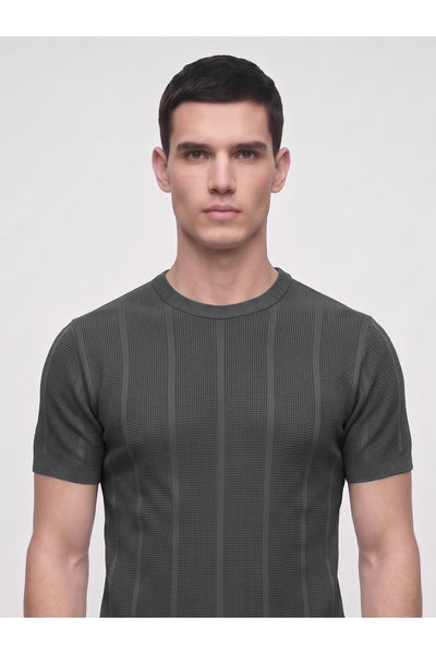Erkek Bisiklet Yaka Kısa Kollu Triko Tişört – Dokulu Örgü Modern Kesim Yazlık T-Shirt - Siyah