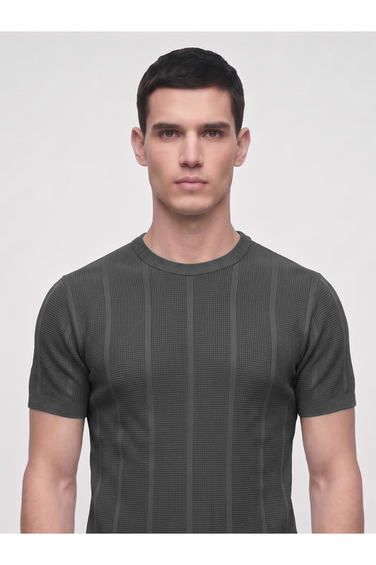 Erkek Bisiklet Yaka Kısa Kollu Triko Tişört – Dokulu Örgü Modern Kesim Yazlık T-Shirt - Siyah