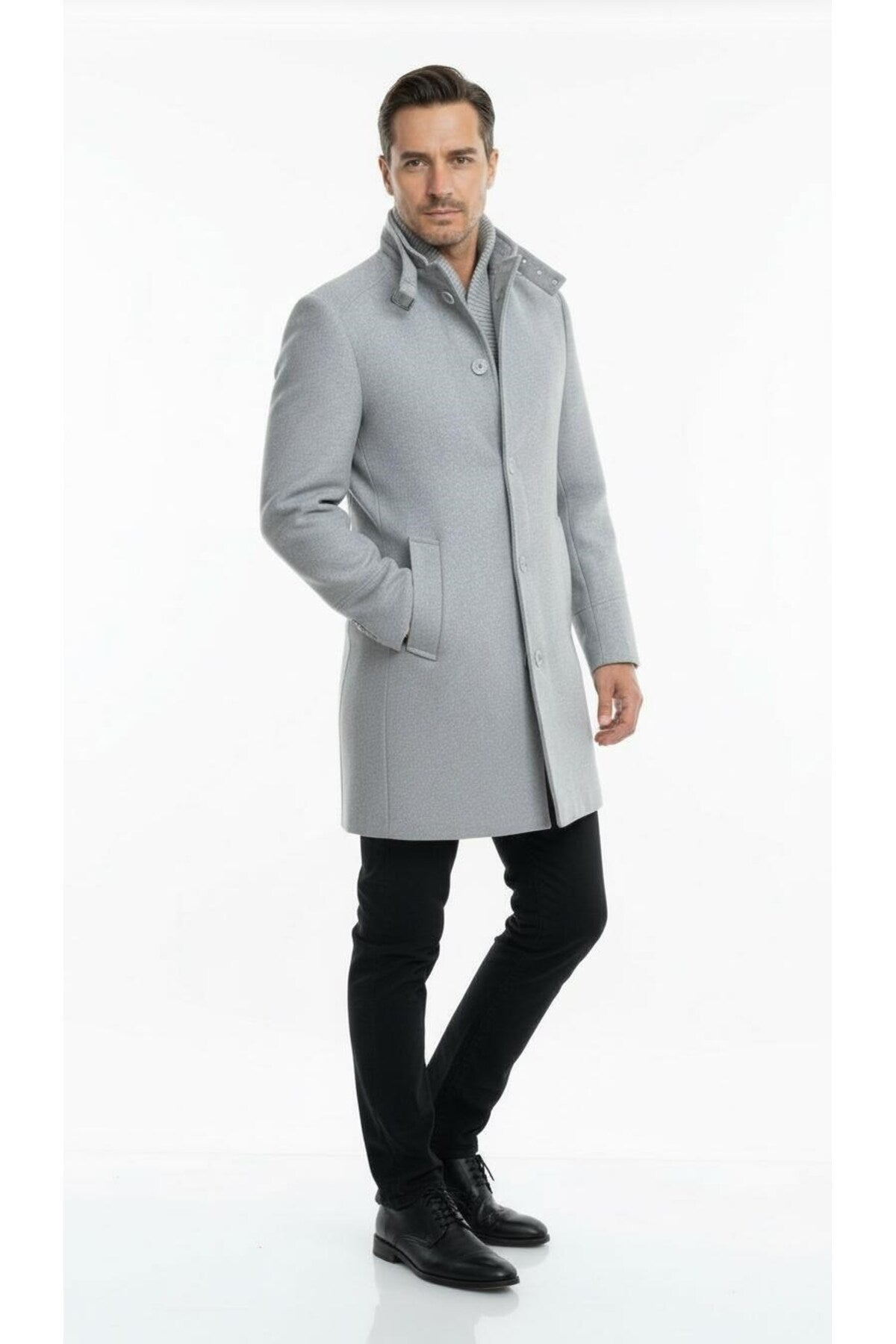 Erkek Slim Fit Kaşe Kaban – Çıkarılabilir Ribanalı Fermuarlı Yaka, S–XXL - Gri
