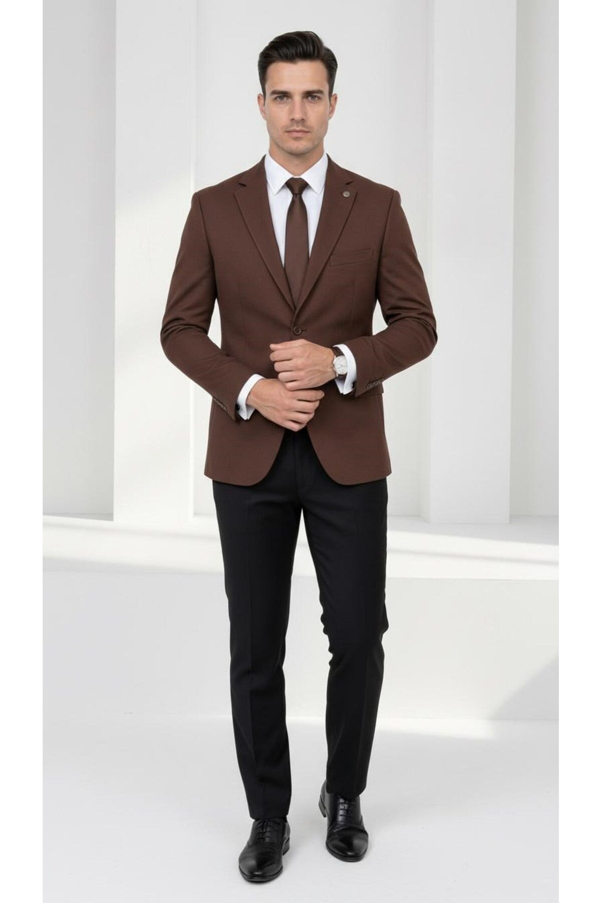 Slim Fit Mikro Desenli Erkek Ceket Yazlık Pike Kumaş Çift Yırtmaç Blazer - Kahverengi