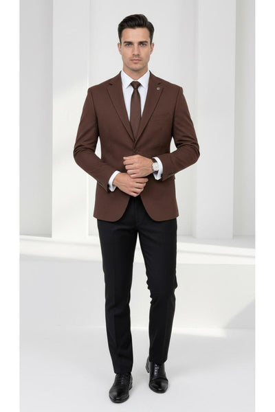 Slim Fit Mikro Desenli Erkek Ceket Yazlık Pike Kumaş Çift Yırtmaç Blazer - Kahverengi