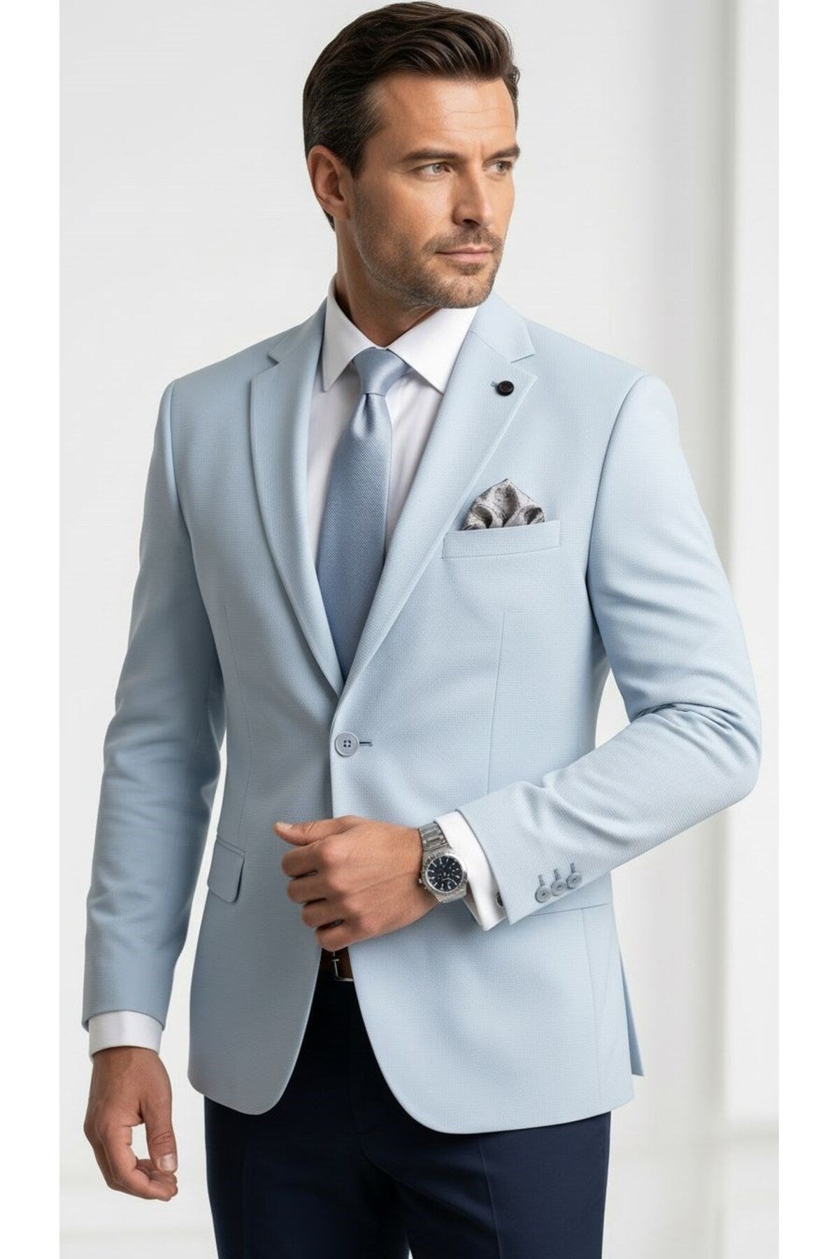 Erkek Slim Fit Çift Düğme Çift Yırtmaçlı Blazer Ceket – Premium Dokulu Kumaş - Mavi