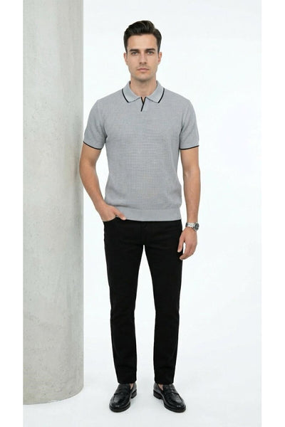 Erkek Pike Dokulu Triko Polo Yaka Tişört Slim Fit Şerit Detaylı Yazlık Model - Gri