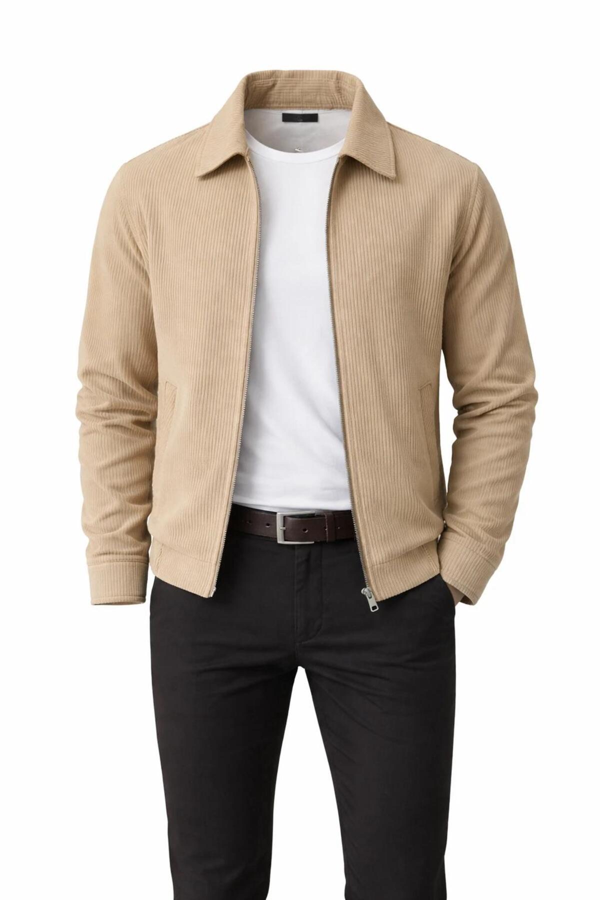 Slim Fit Fitilli Dokulu Erkek Fermuarlı Mont Ceket Günlük Şık Kombin - Bej
