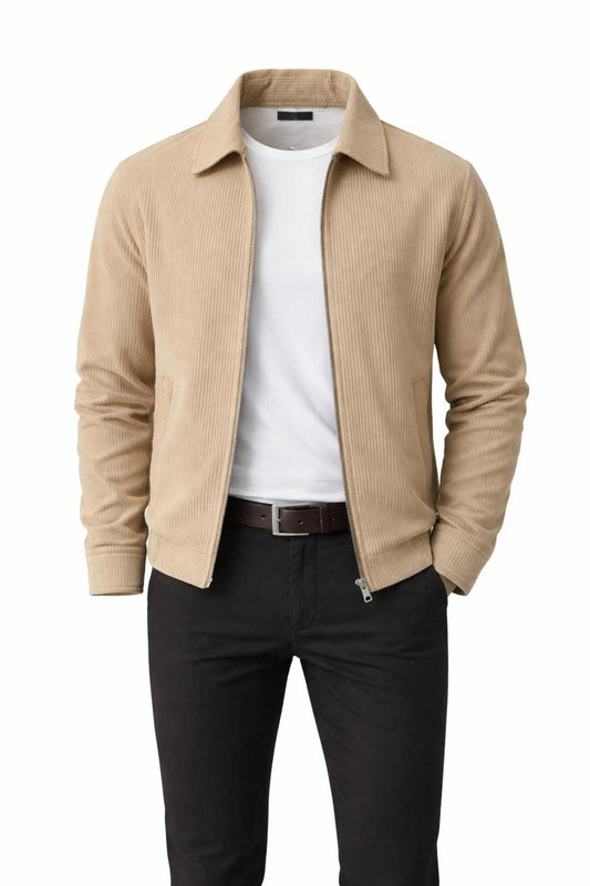 Slim Fit Fitilli Dokulu Erkek Fermuarlı Mont Ceket Günlük Şık Kombin - Bej