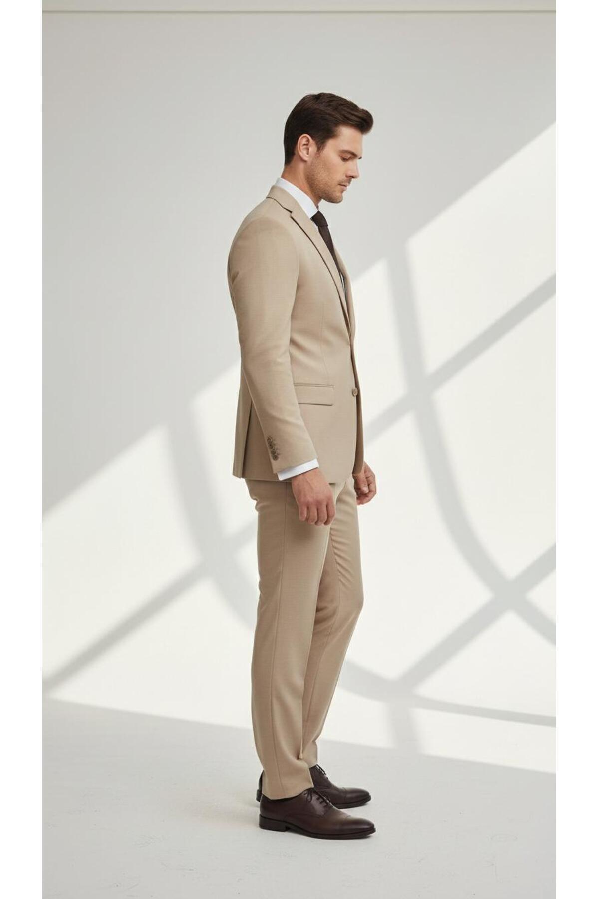 Erkek Slim Fit Mikro Desenli Takım Elbise 2 Düğmeli Çift Yırtmaçlı Modern Ceket Pantolon Takım - Bej