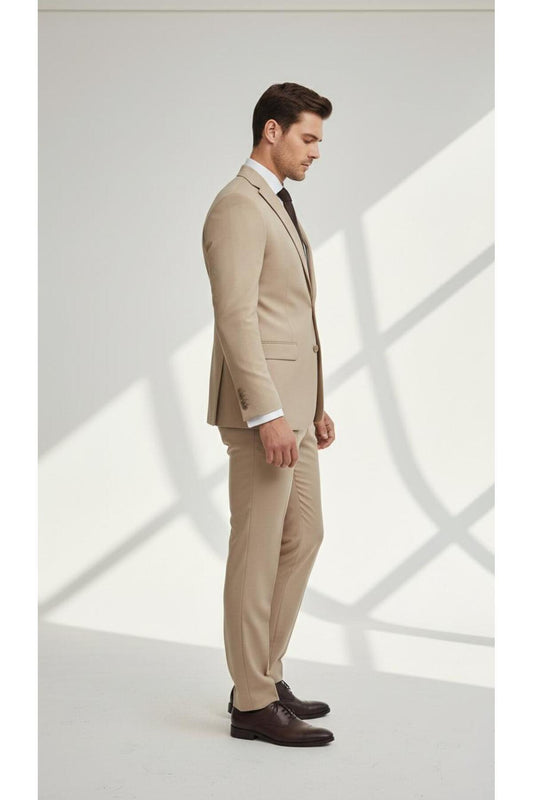 Erkek Slim Fit Mikro Desenli Takım Elbise 2 Düğmeli Çift Yırtmaçlı Modern Ceket Pantolon Takım - Bej