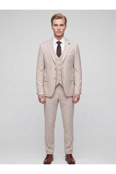 Erkek 3 Parça Slim Fit Çift Yırtmaçlı Takım Elbise Yelekli Şık Klasik Takım 6 Drop - Bej
