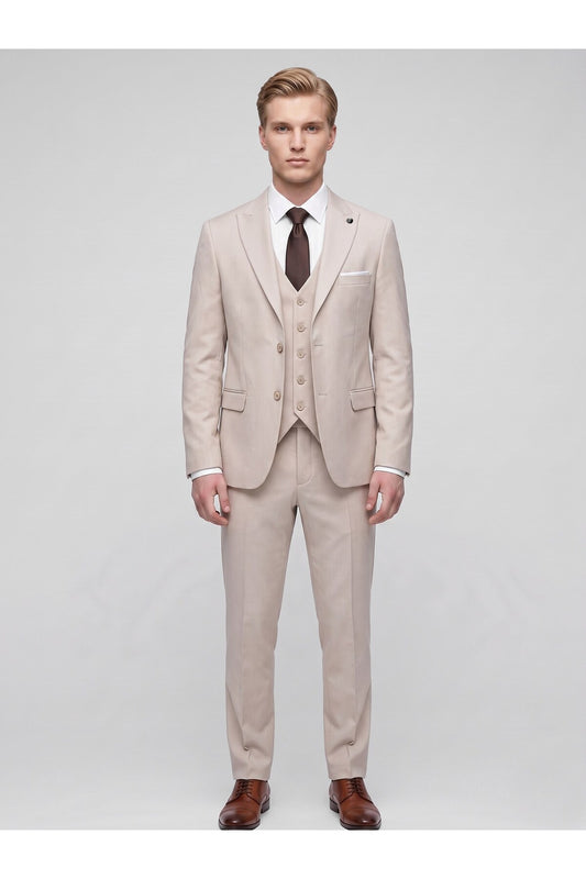 Erkek 3 Parça Slim Fit Çift Yırtmaçlı Takım Elbise Yelekli Şık Klasik Takım 6 Drop - Bej