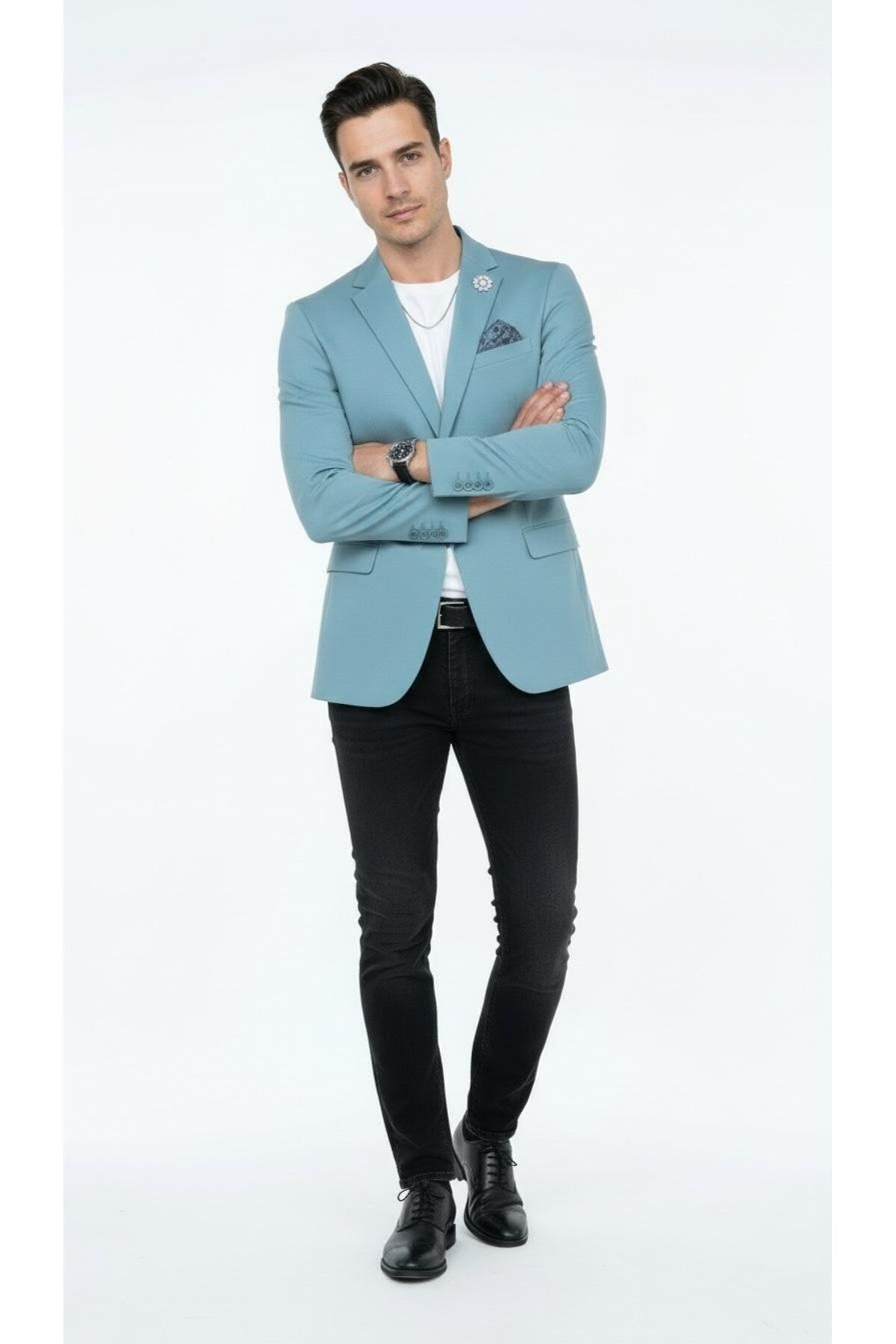 Erkek Mono Yaka Tek Düğmeli Çift Yırtmaçlı Blazer Ceket – Premium Dokuma Kumaş, 8 Renk - Turkuaz