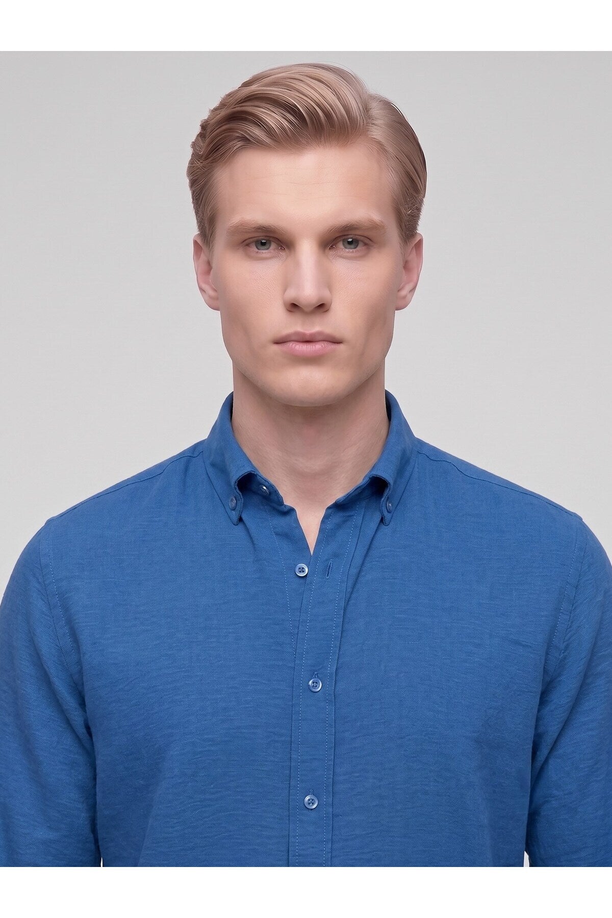 Erkek Keten Müslin Gömlek – Slim Fit Düğmeli Yaka Uzun Kollu Yazlık Gömlek - Mavi